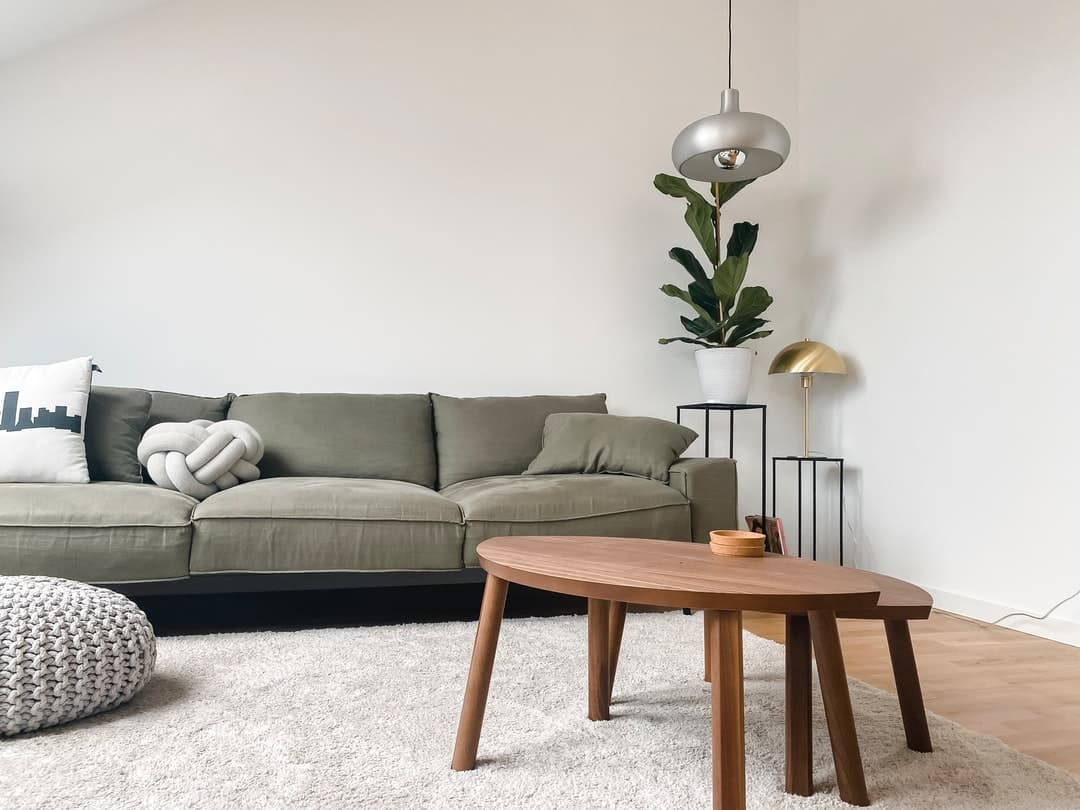 Canapé vert avec table basse en bois dans salon scandinave.